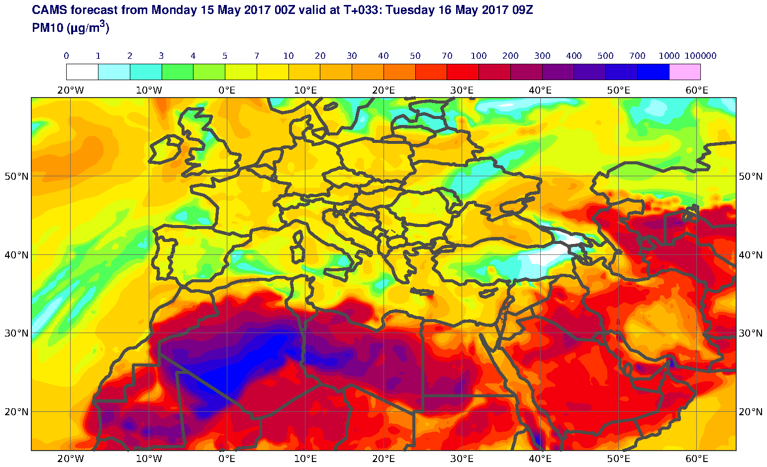 PM10 (μg/m3) valid at T33 - 2017-05-16 09:00