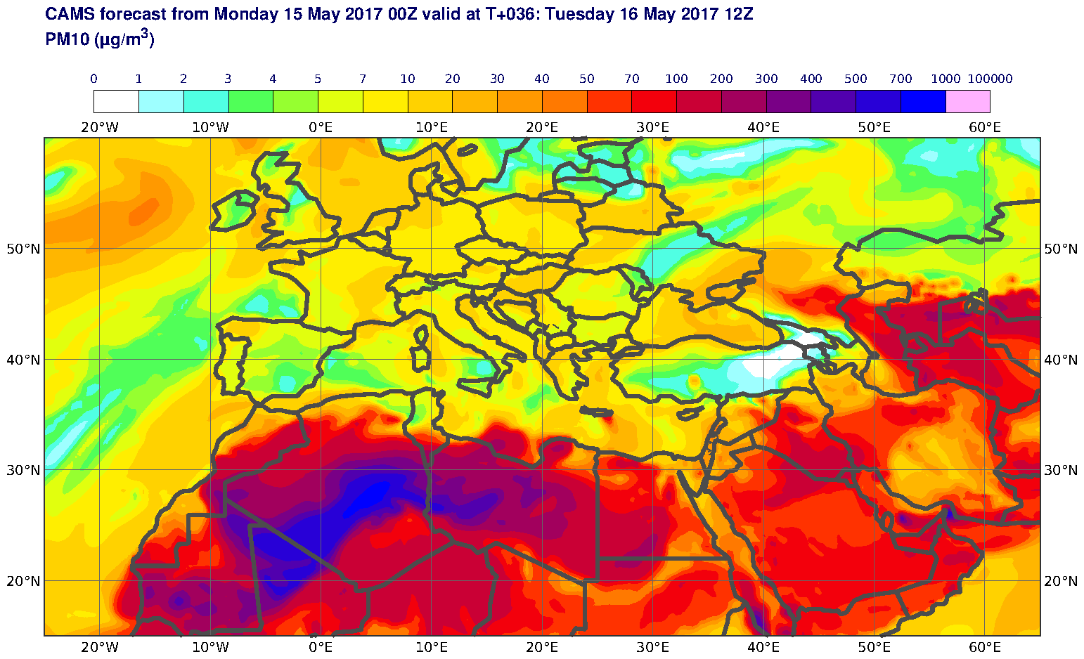 PM10 (μg/m3) valid at T36 - 2017-05-16 12:00