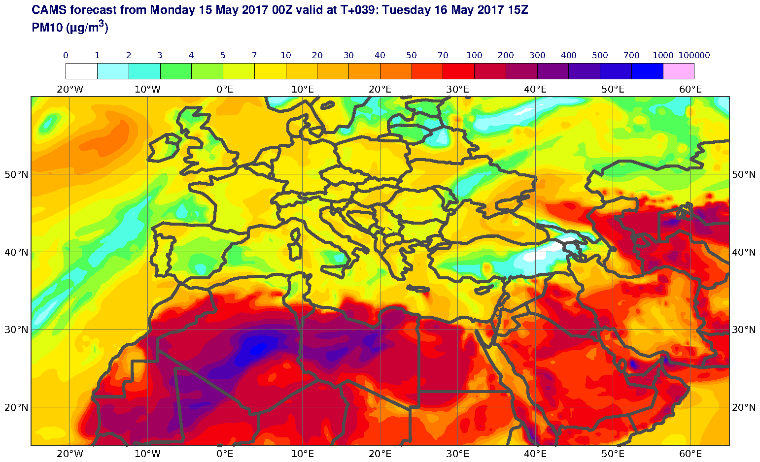 PM10 (μg/m3) valid at T39 - 2017-05-16 15:00