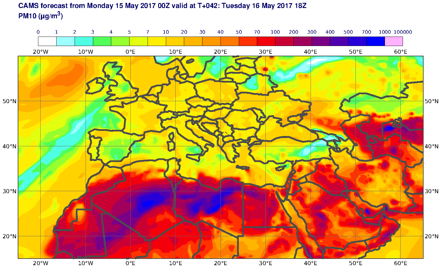 PM10 (μg/m3) valid at T42 - 2017-05-16 18:00