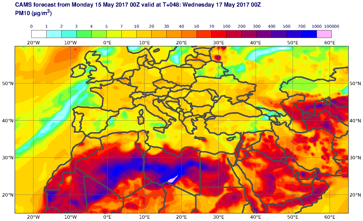 PM10 (μg/m3) valid at T48 - 2017-05-17 00:00