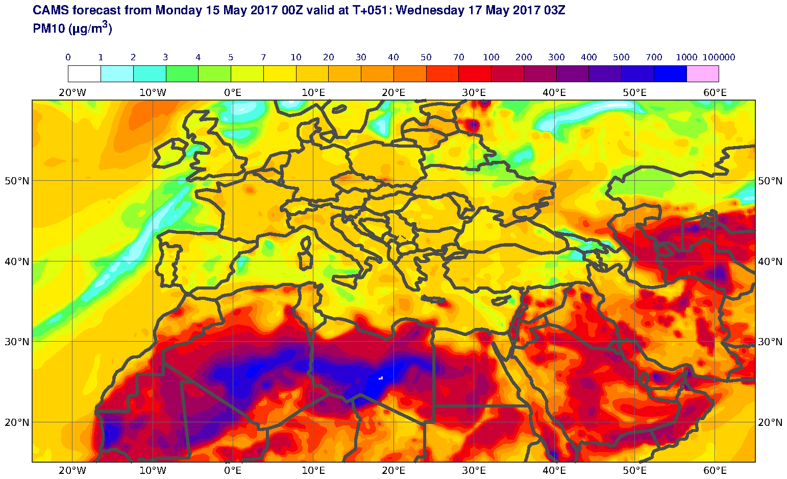 PM10 (μg/m3) valid at T51 - 2017-05-17 03:00