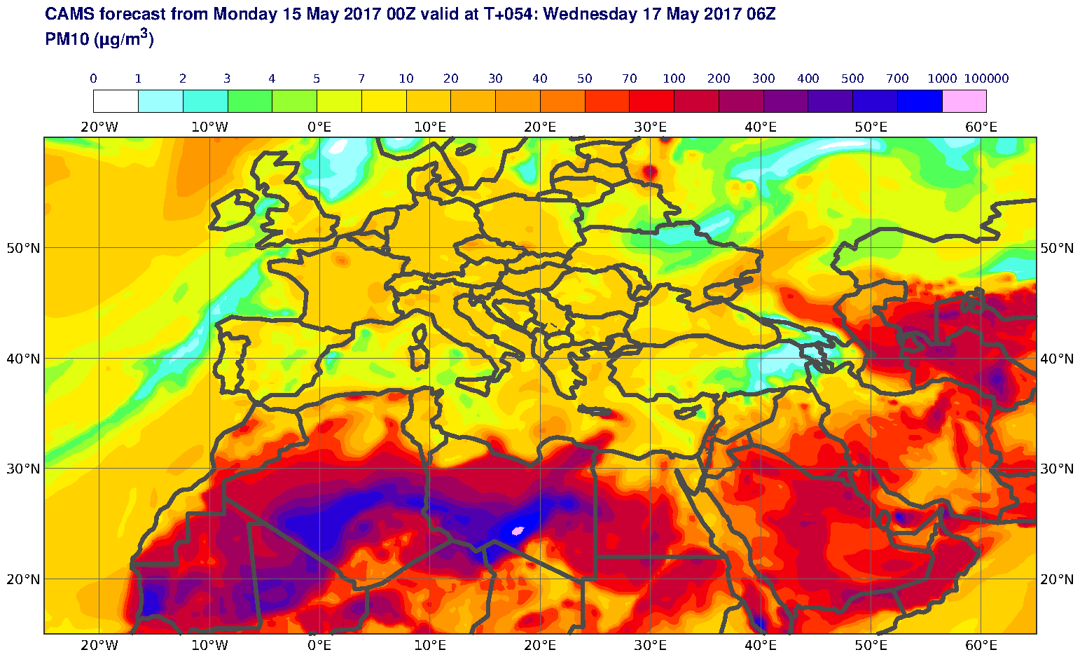 PM10 (μg/m3) valid at T54 - 2017-05-17 06:00