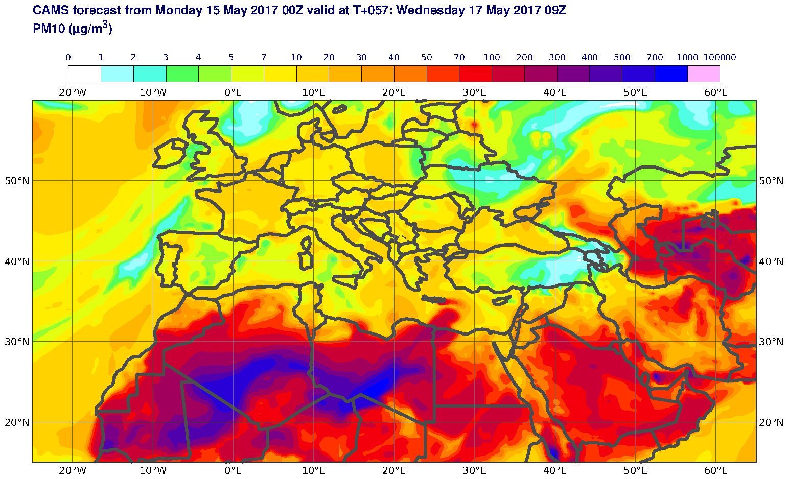 PM10 (μg/m3) valid at T57 - 2017-05-17 09:00