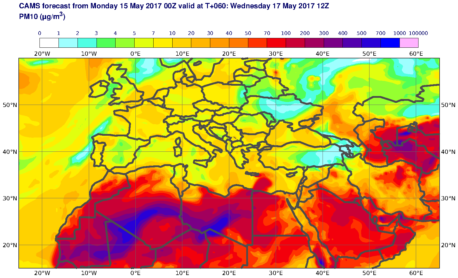 PM10 (μg/m3) valid at T60 - 2017-05-17 12:00