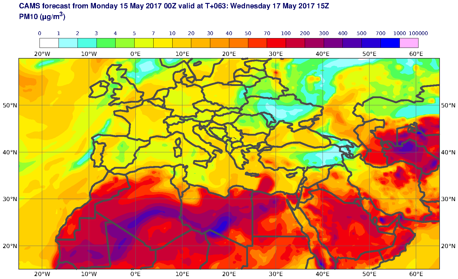 PM10 (μg/m3) valid at T63 - 2017-05-17 15:00