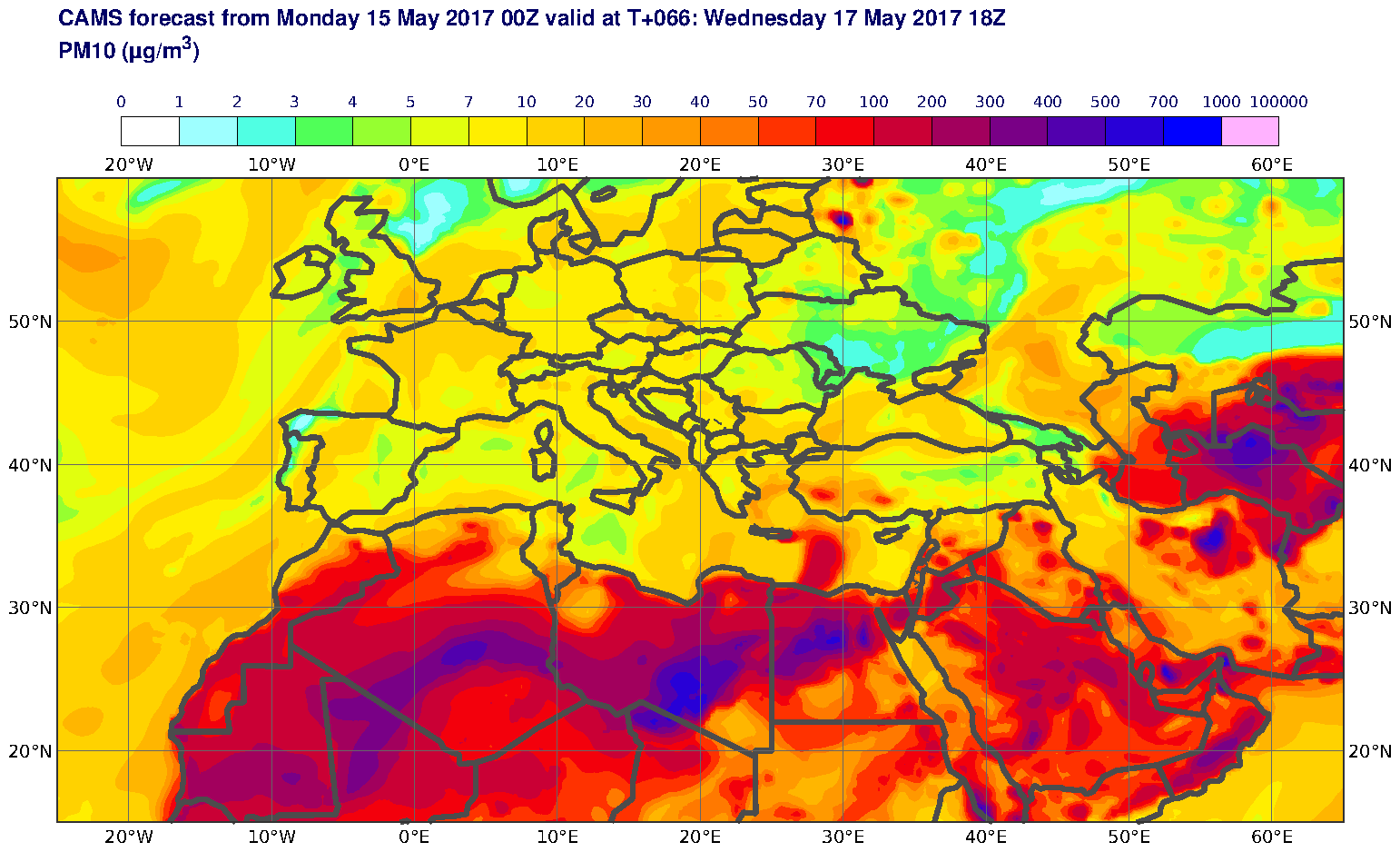 PM10 (μg/m3) valid at T66 - 2017-05-17 18:00