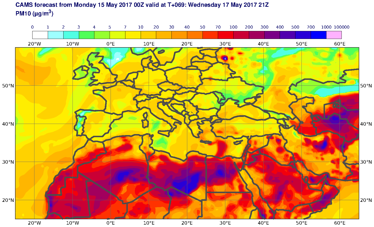 PM10 (μg/m3) valid at T69 - 2017-05-17 21:00