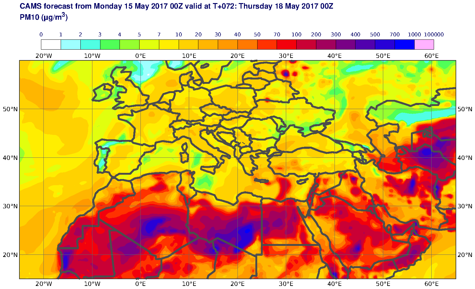 PM10 (μg/m3) valid at T72 - 2017-05-18 00:00