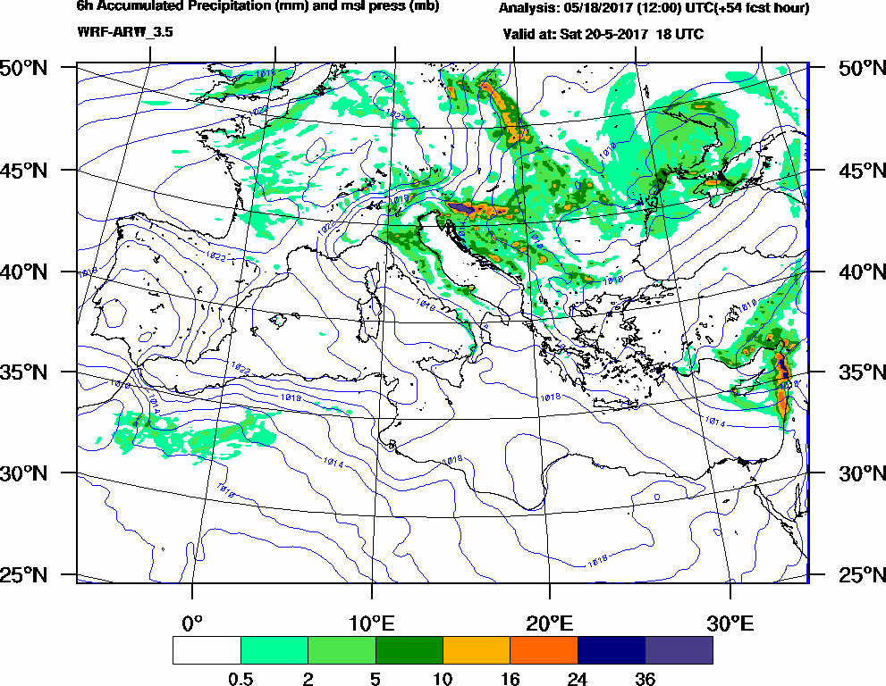 6h Accumulated Precipitation (mm) and msl press (mb) - 2017-05-20 12:00