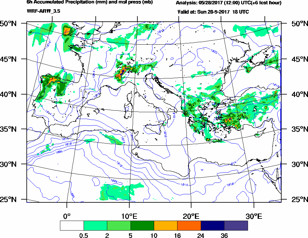 6h Accumulated Precipitation (mm) and msl press (mb) - 2017-05-28 12:00