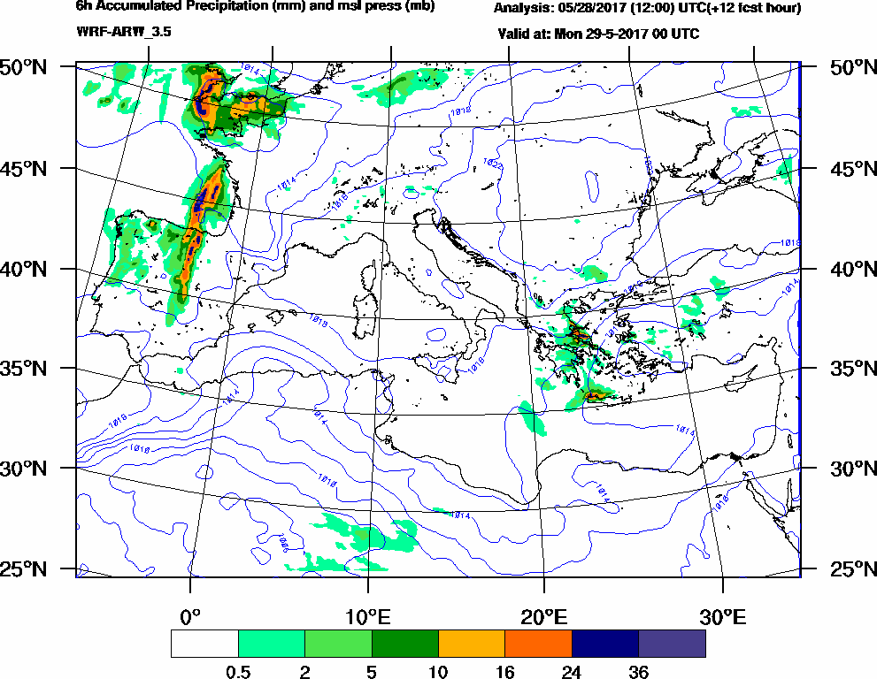 6h Accumulated Precipitation (mm) and msl press (mb) - 2017-05-28 18:00