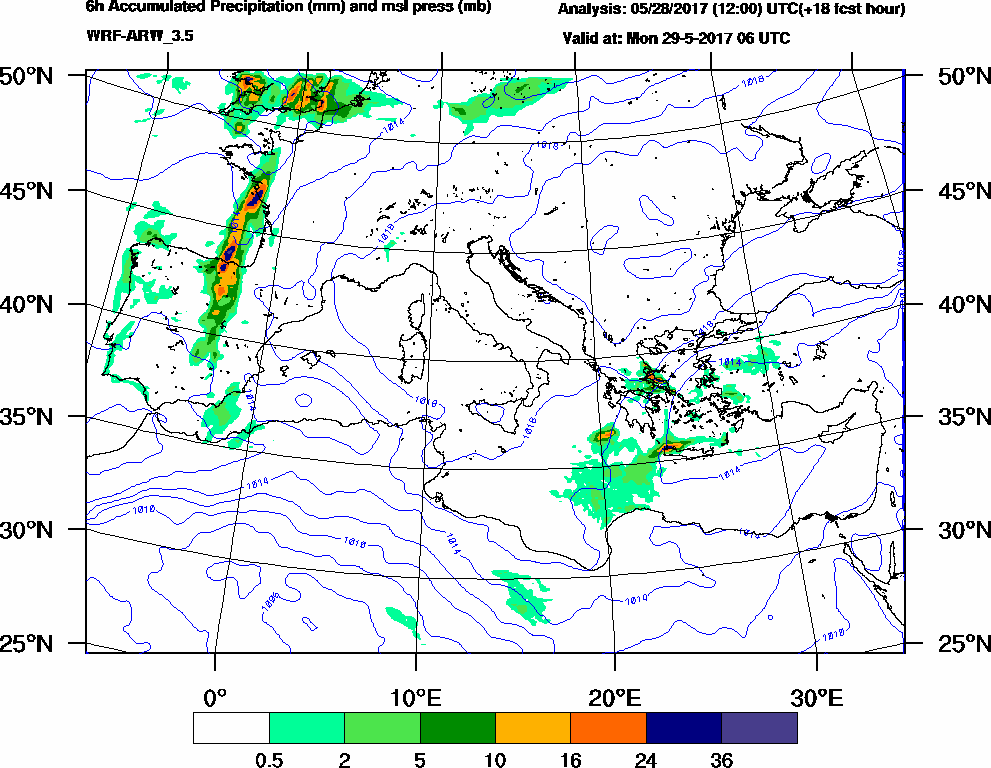 6h Accumulated Precipitation (mm) and msl press (mb) - 2017-05-29 00:00