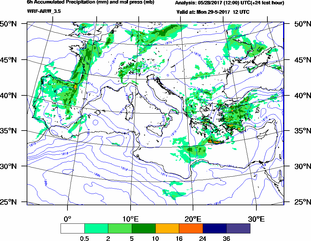 6h Accumulated Precipitation (mm) and msl press (mb) - 2017-05-29 06:00