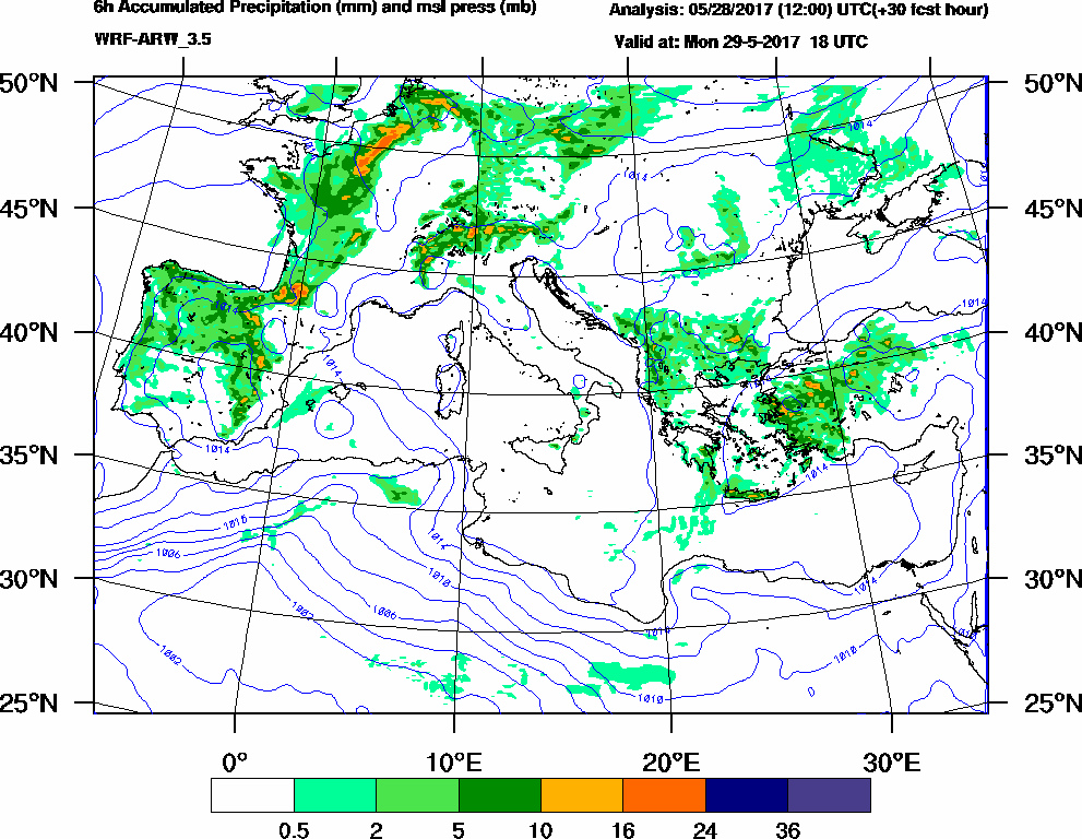 6h Accumulated Precipitation (mm) and msl press (mb) - 2017-05-29 12:00