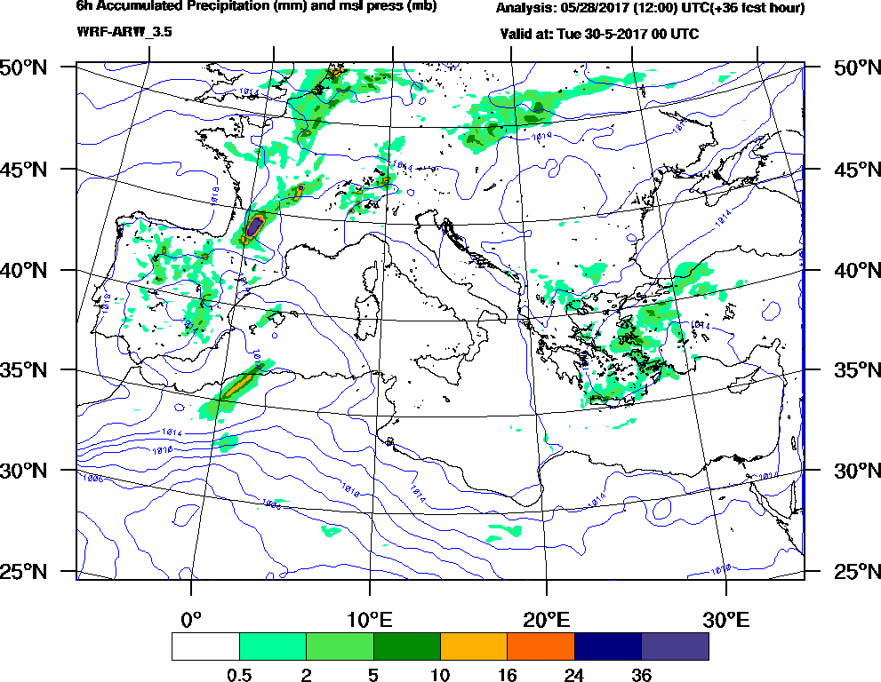 6h Accumulated Precipitation (mm) and msl press (mb) - 2017-05-29 18:00