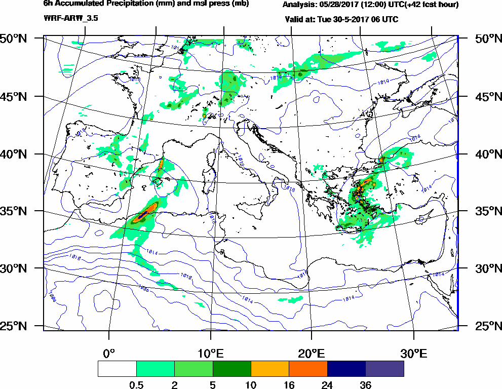 6h Accumulated Precipitation (mm) and msl press (mb) - 2017-05-30 00:00