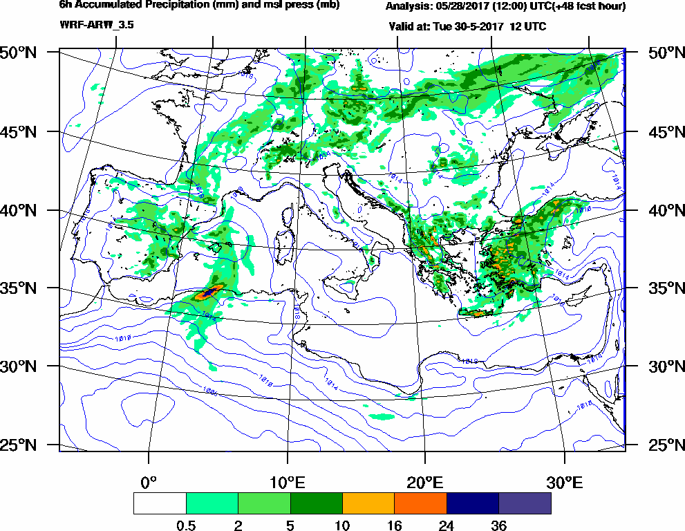 6h Accumulated Precipitation (mm) and msl press (mb) - 2017-05-30 06:00