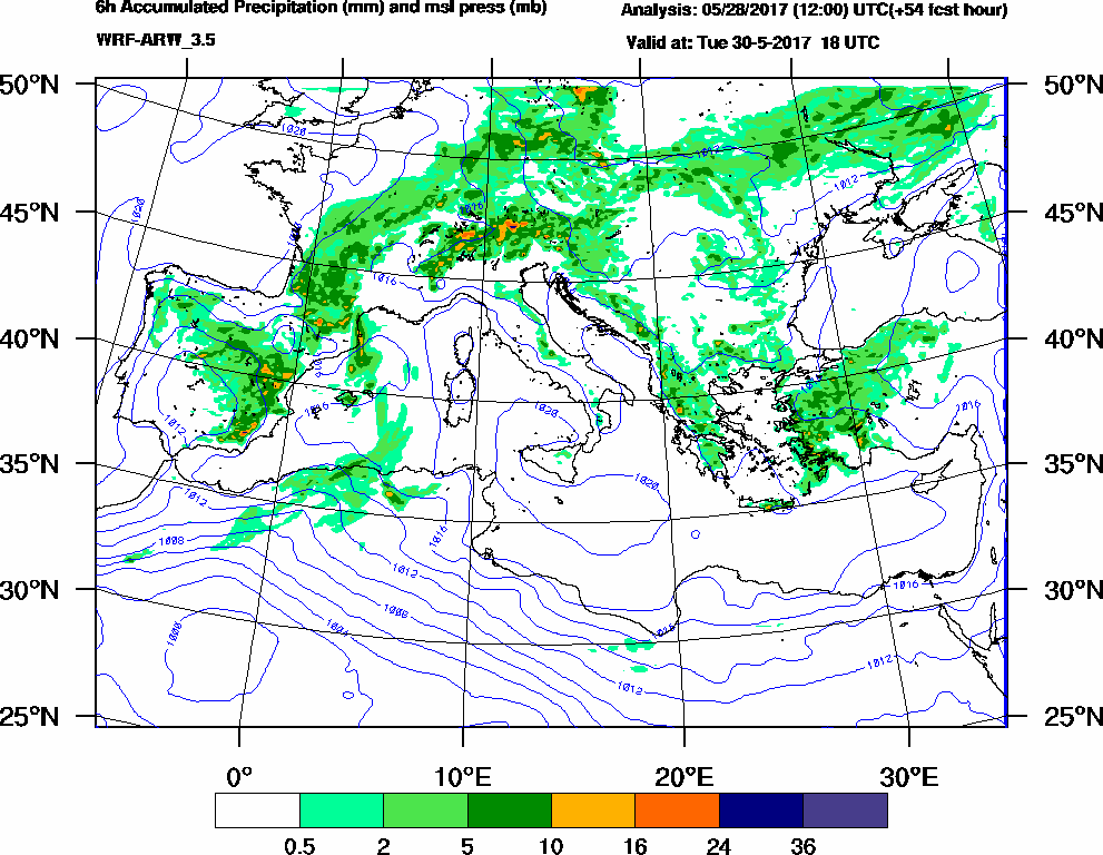 6h Accumulated Precipitation (mm) and msl press (mb) - 2017-05-30 12:00