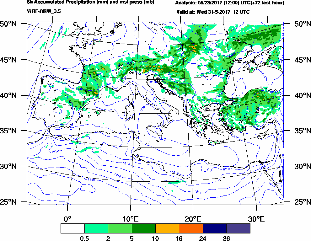 6h Accumulated Precipitation (mm) and msl press (mb) - 2017-05-31 06:00