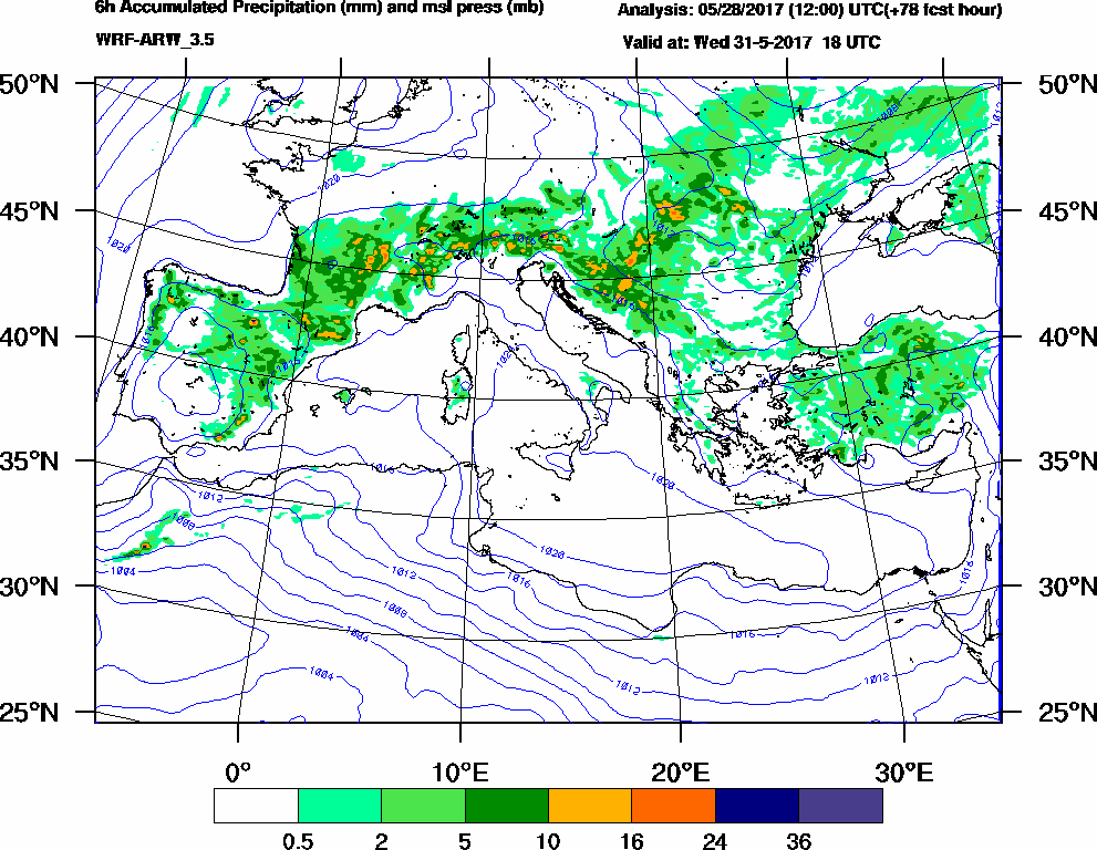 6h Accumulated Precipitation (mm) and msl press (mb) - 2017-05-31 12:00