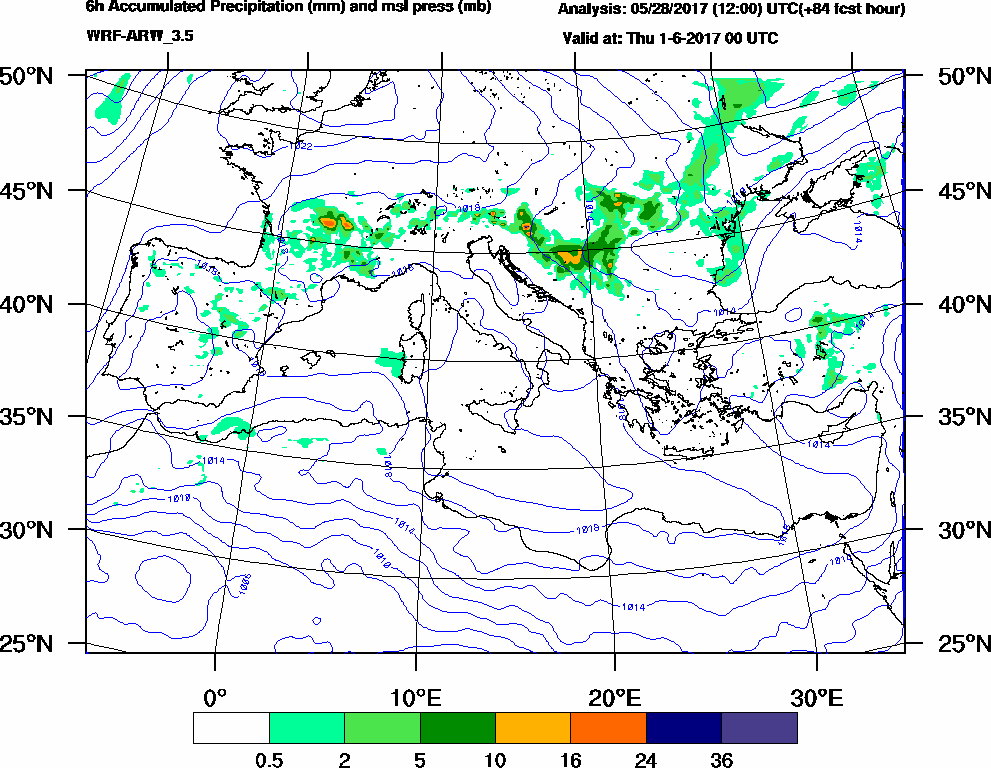 6h Accumulated Precipitation (mm) and msl press (mb) - 2017-05-31 18:00