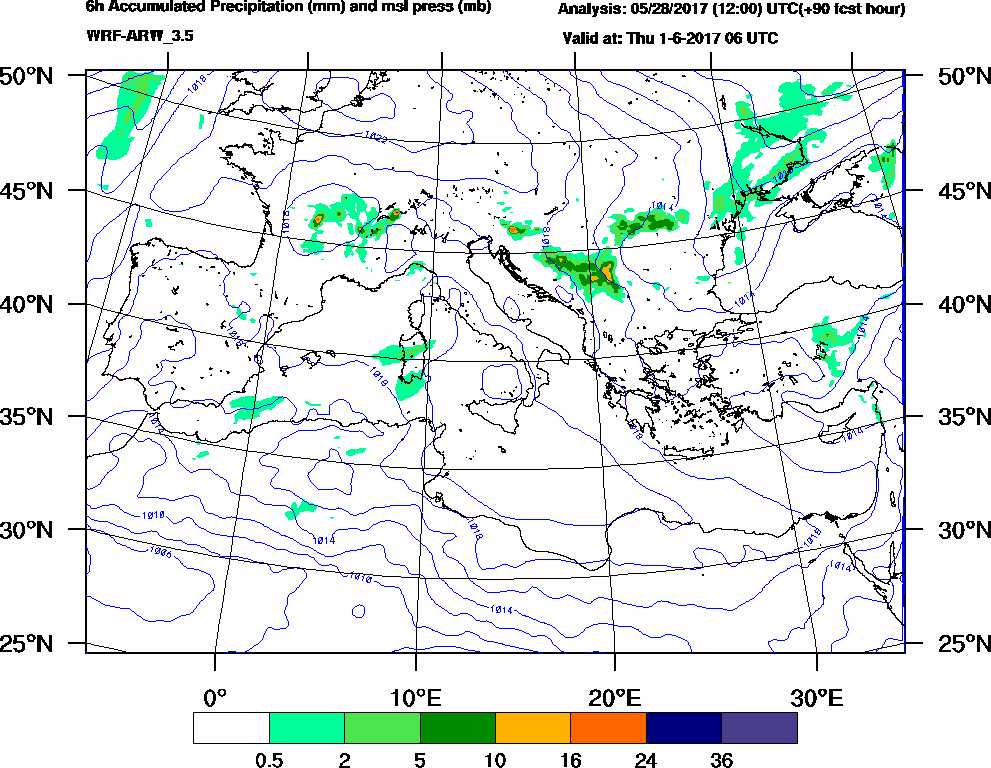 6h Accumulated Precipitation (mm) and msl press (mb) - 2017-06-01 00:00