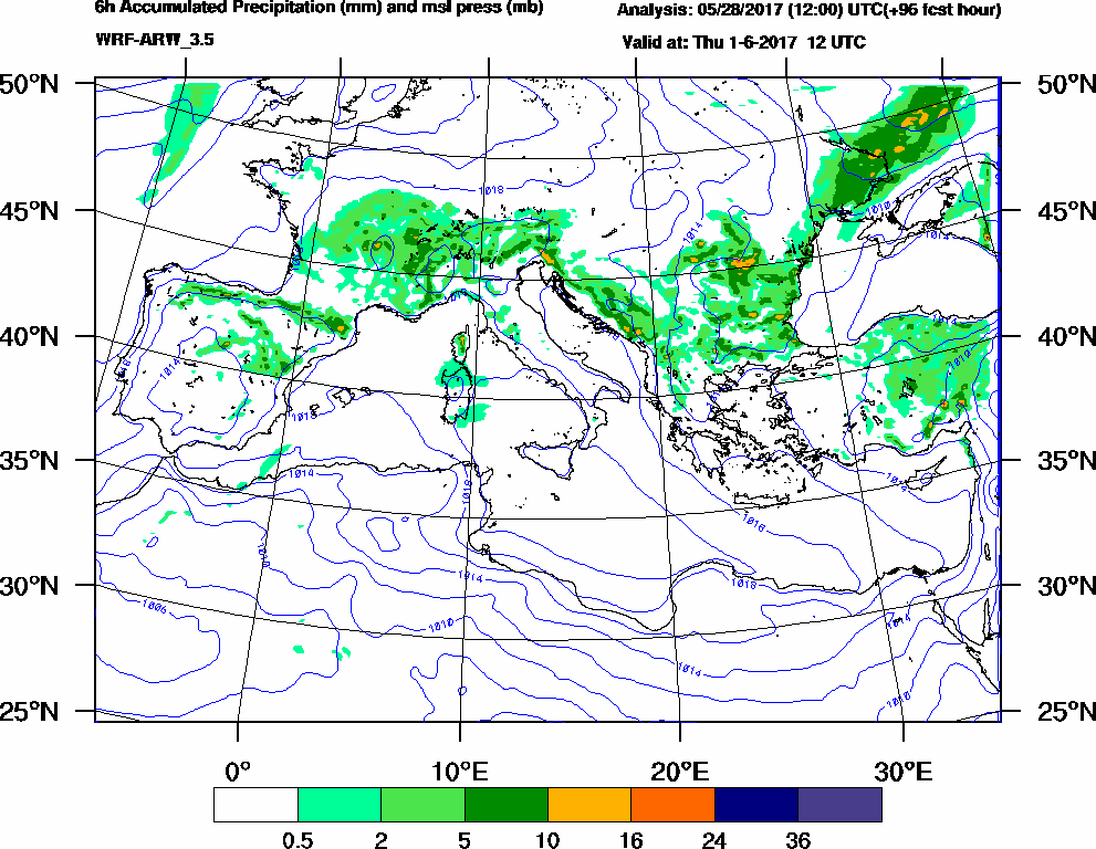 6h Accumulated Precipitation (mm) and msl press (mb) - 2017-06-01 06:00