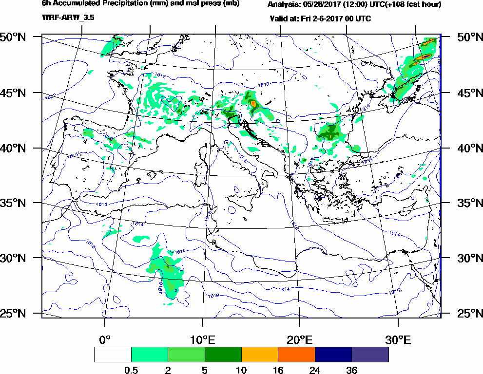 6h Accumulated Precipitation (mm) and msl press (mb) - 2017-06-01 18:00