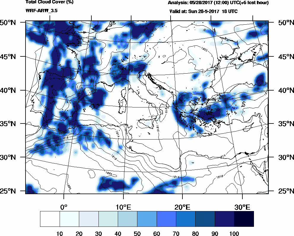 Total cloud cover (%) - 2017-05-28 12:00