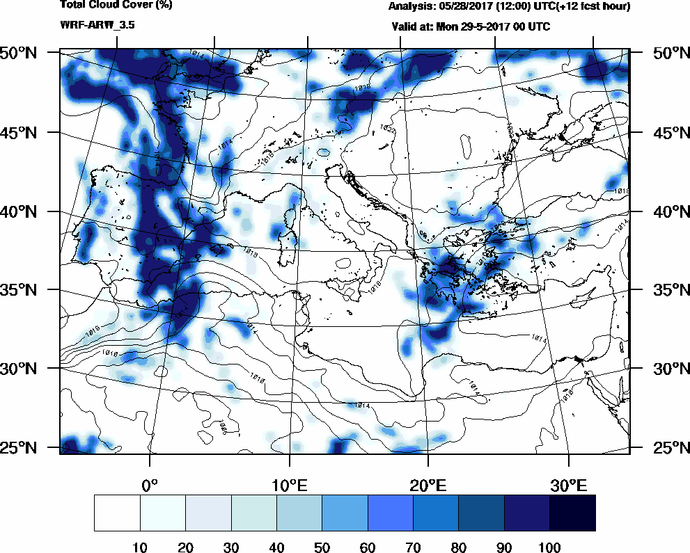 Total cloud cover (%) - 2017-05-28 18:00