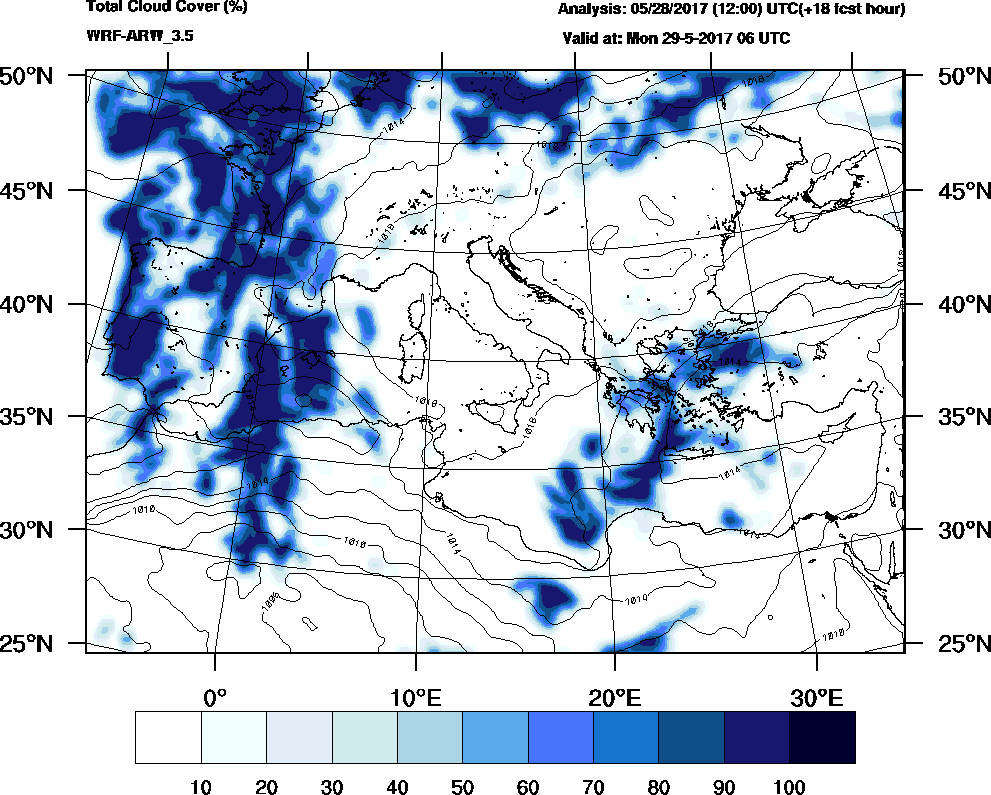 Total cloud cover (%) - 2017-05-29 00:00