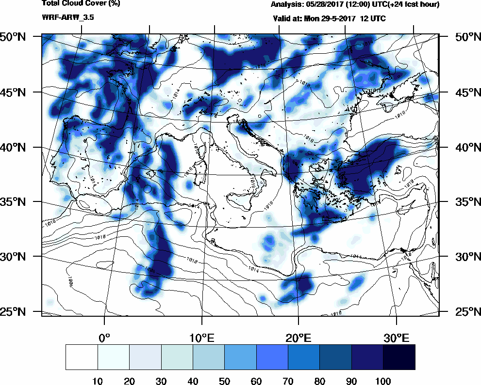 Total cloud cover (%) - 2017-05-29 06:00