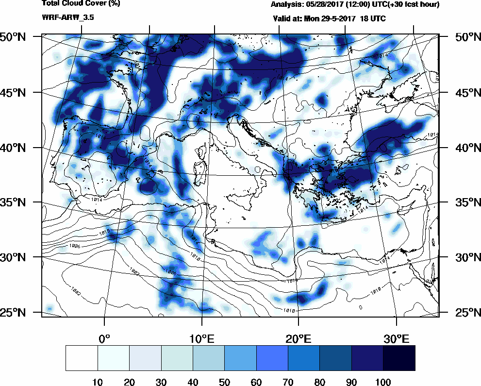 Total cloud cover (%) - 2017-05-29 12:00