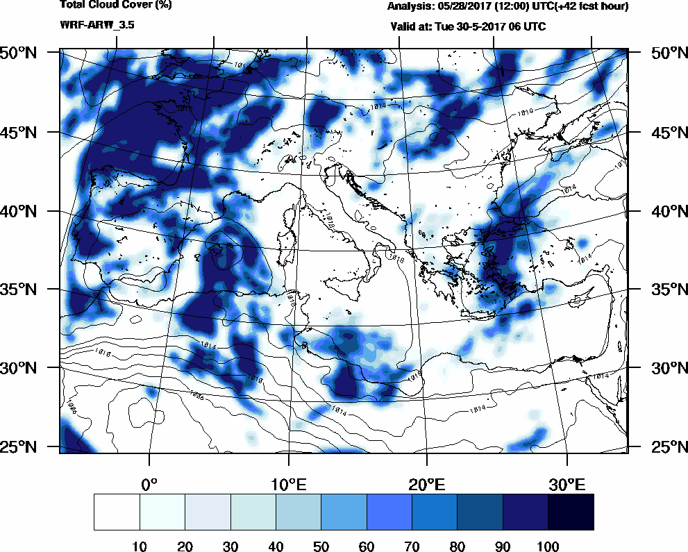 Total cloud cover (%) - 2017-05-30 00:00