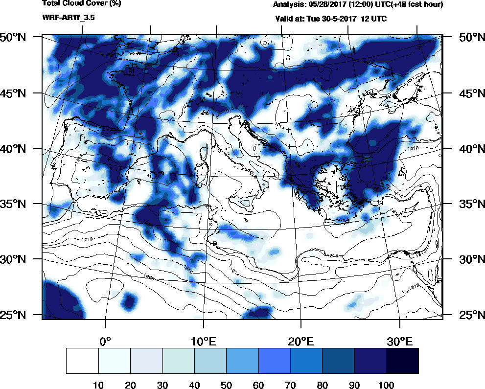 Total cloud cover (%) - 2017-05-30 06:00