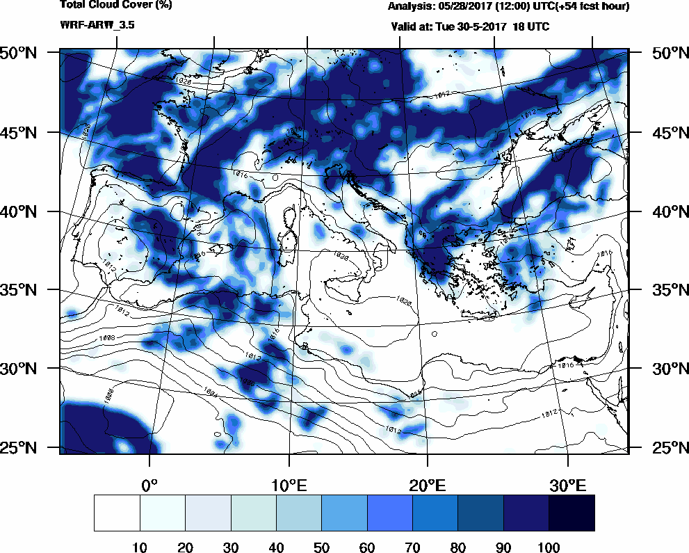 Total cloud cover (%) - 2017-05-30 12:00