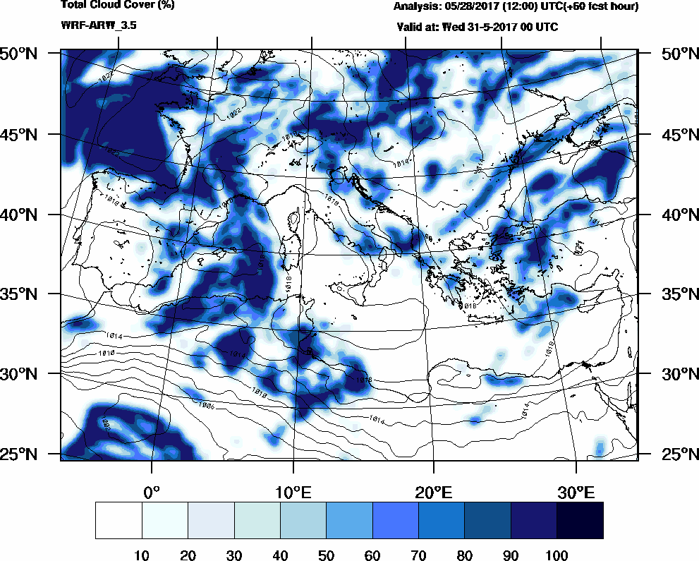 Total cloud cover (%) - 2017-05-30 18:00