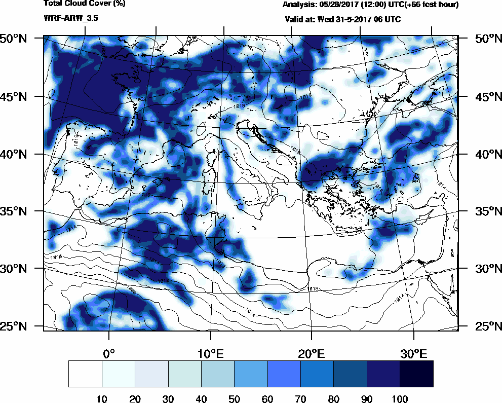 Total cloud cover (%) - 2017-05-31 00:00