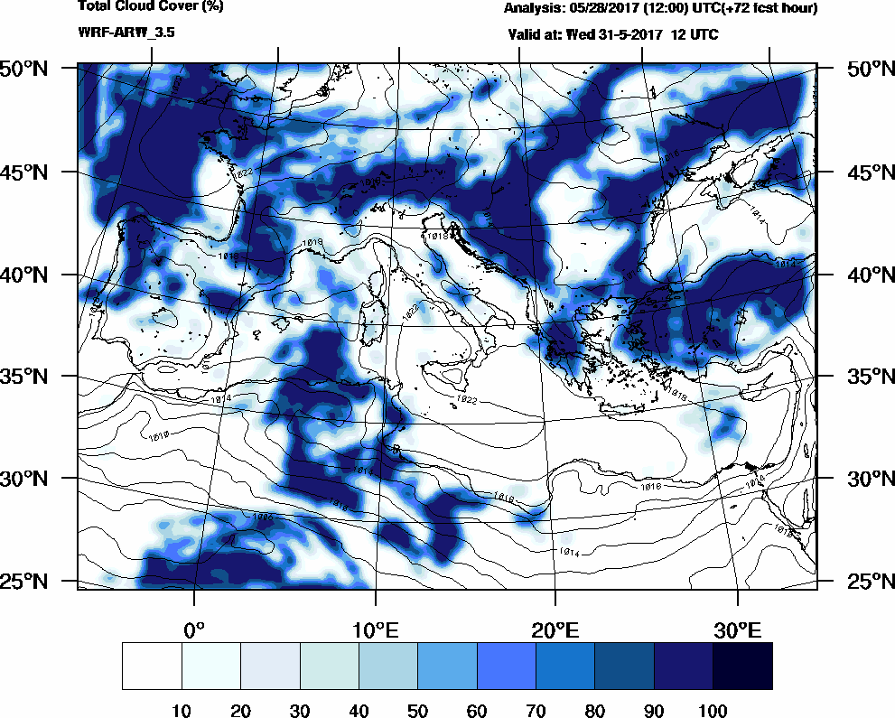 Total cloud cover (%) - 2017-05-31 06:00