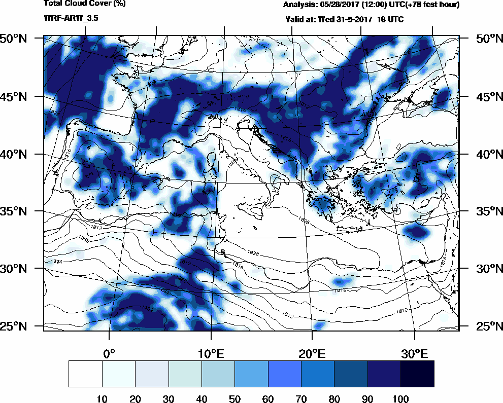 Total cloud cover (%) - 2017-05-31 12:00