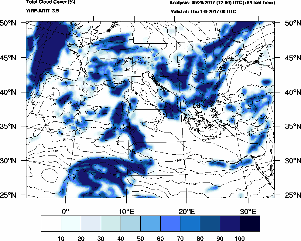 Total cloud cover (%) - 2017-05-31 18:00