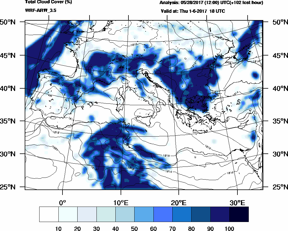 Total cloud cover (%) - 2017-06-01 12:00