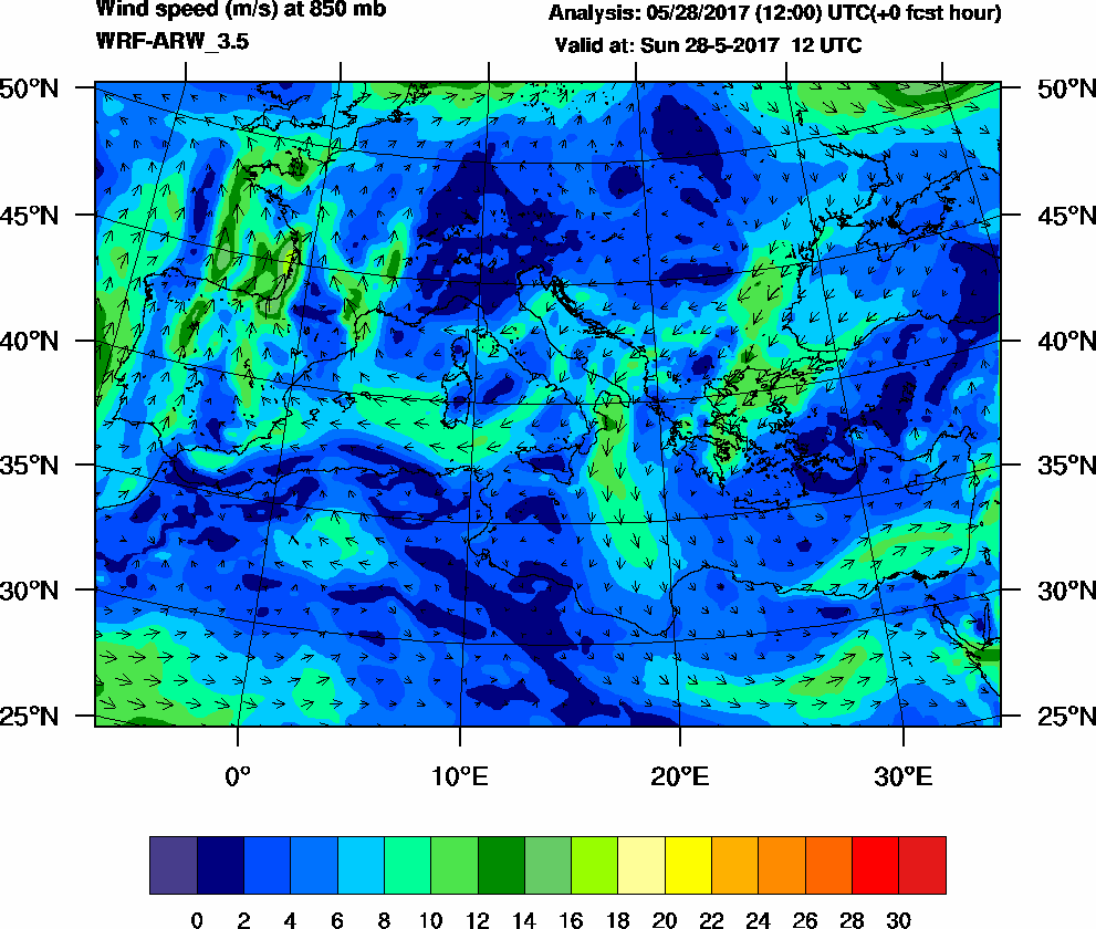 Wind speed (m/s) at 850 mb - 2017-05-28 12:00