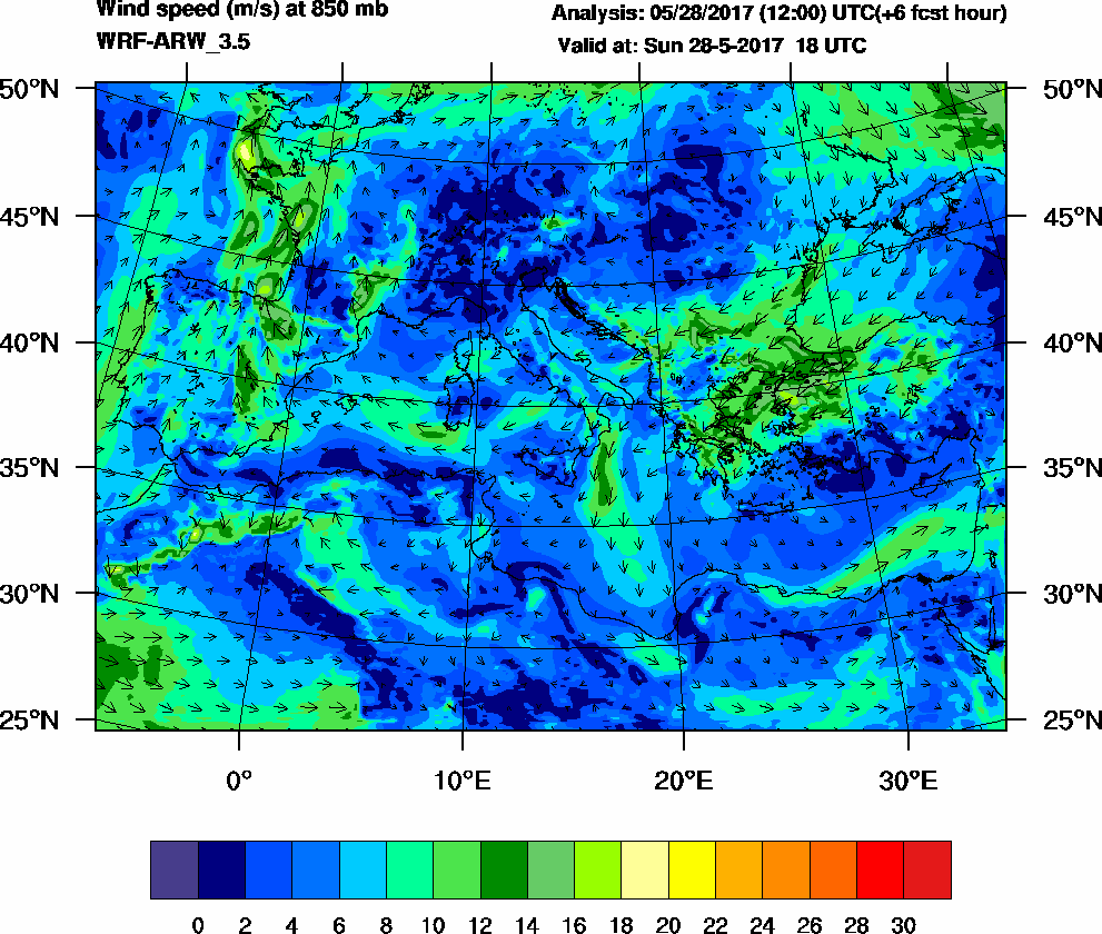 Wind speed (m/s) at 850 mb - 2017-05-28 18:00