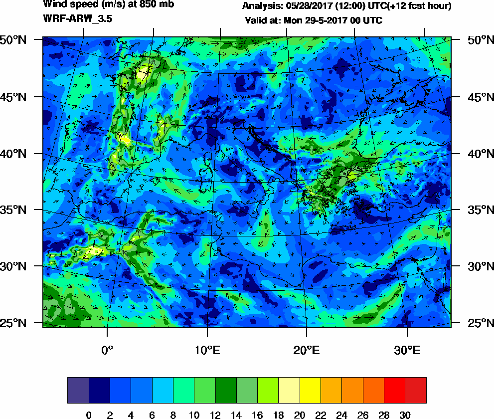 Wind speed (m/s) at 850 mb - 2017-05-29 00:00