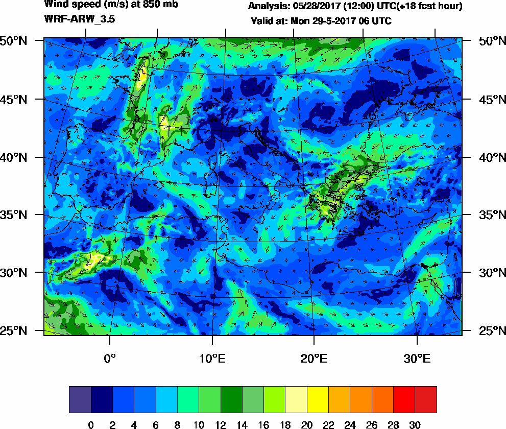 Wind speed (m/s) at 850 mb - 2017-05-29 06:00