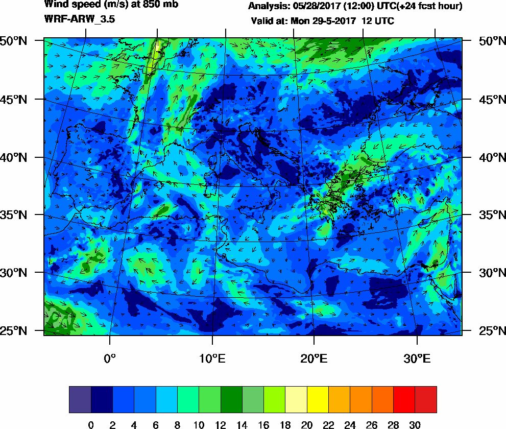 Wind speed (m/s) at 850 mb - 2017-05-29 12:00