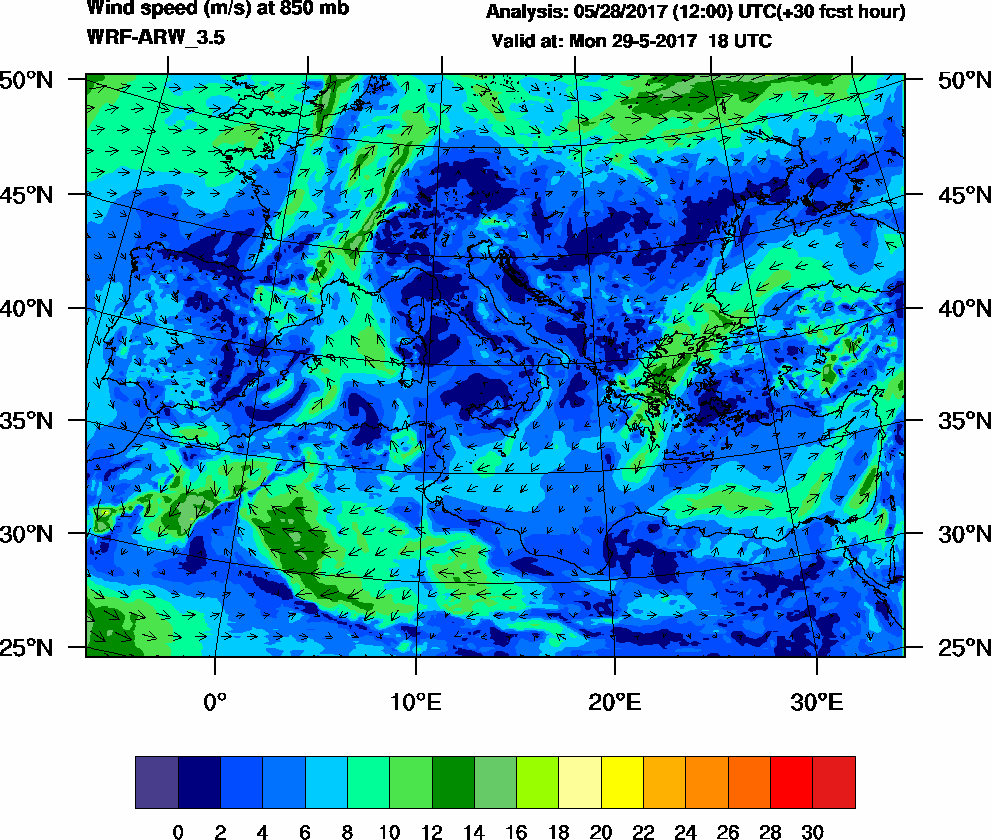 Wind speed (m/s) at 850 mb - 2017-05-29 18:00