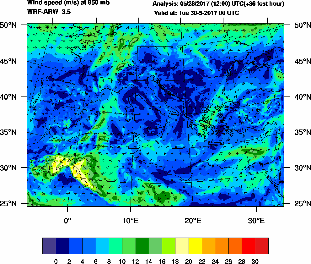 Wind speed (m/s) at 850 mb - 2017-05-30 00:00